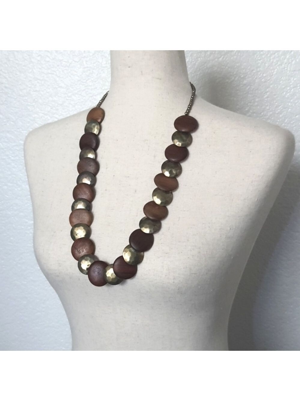 Unique Boho Western Necklace Wooden  Hammered Metal Necklace